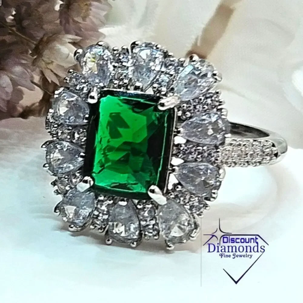 Emerald and Clear White Baguette Diamond Cocktail Ring on 925 Silver